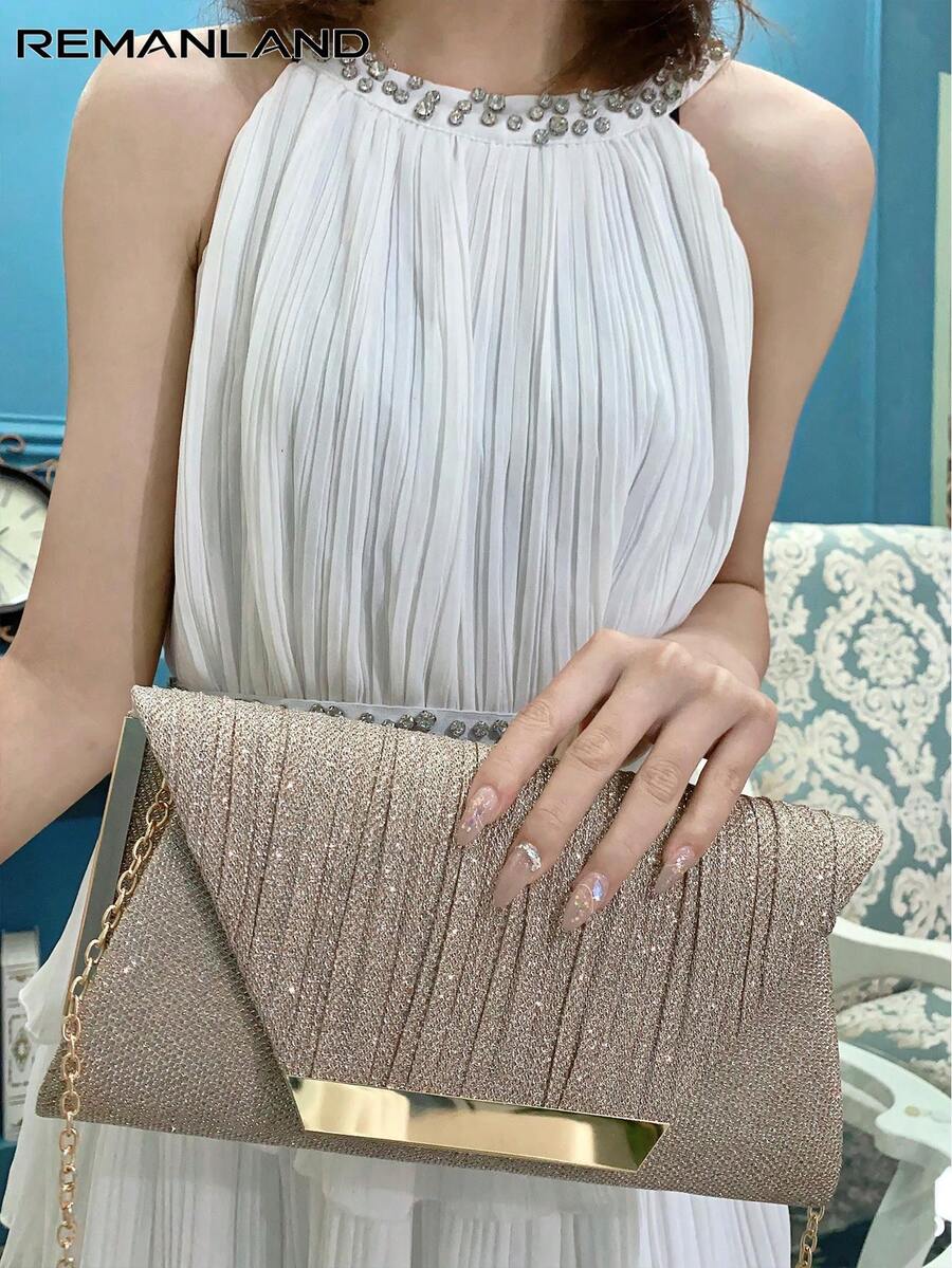 REMANLAND Luxurious Shiny Metal Patchwork Envelope Clutch Bag, Magnetic Snap Closure Elegant And Fashionable Party Bag With Chain Strap For Women's Birthday, Prom And Wedding Party