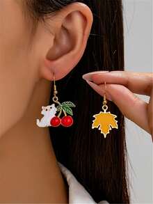 1 Pair Cat Cherry Leaf Earrings For Women - Yellow Gold - View 2