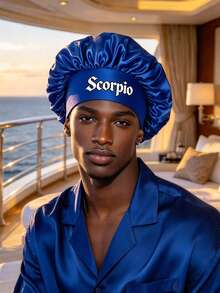Men 12 Zodiac Signs Satin Hair Bonnet, Horoscope Letter Print Sleep Cap, Wide Elastic Band Silky Night Cap, Soft Satin Headwear For Hair Protection - Blue - View 7