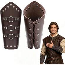1 Pair Medieval Leather Bracers, Unisex Vintage PU Leather, Viking Warrior Armor Rivet Buckle Design, Halloween LARP Cosplay Props - Multicolor - View 9
