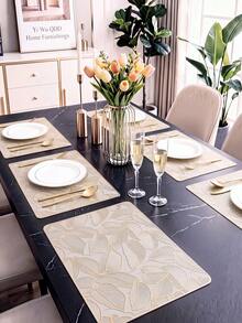 2-12pcs Gold Green Leaf Placemats, PVC Material Minimalist Style Foil Stamping Craft Vase Mat, Table Decor, Washable, Easy To Clean, Wipeable, Non-Slip, Heat Resistant, Table Mat, Suitable For Room Decoration, Home Table Decoration, Home Decor, Holiday, Party, Birthday, Wedding And Dinner - Multicolor - View 2