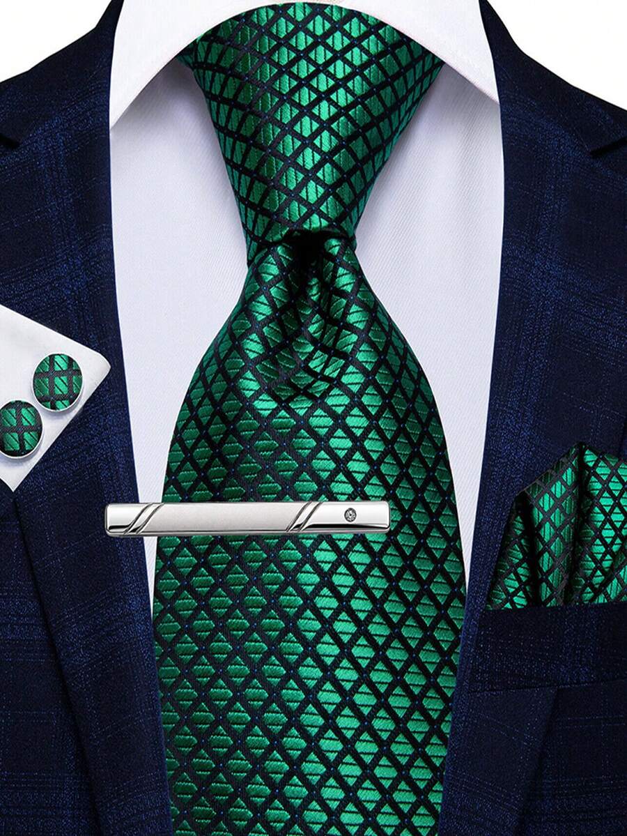 4Pcs Men Formal Suit Accessory Kit, Green Plaid Tie, Pocket Square, Cufflinks & Tie Clip, Random Cufflink Design - Green - View 1