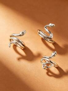 3pcs Minimalist Vintage Personalized Zinc Alloy Snake Open Ring For Men, Suitable For Daily Wear Jewelry Accessory, Holiday Gift Birthday Gift For Friends - Silver - View 5