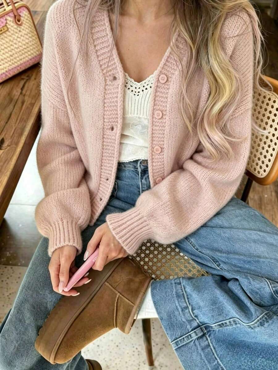 Women's Comfortable Pink Button Cardigan Long Sleeve Medium Stretch Polyester Knit Fabric Ideal For Autumn/Winter - Pink - View 1