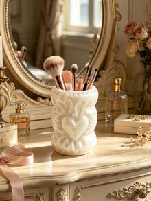 Vintage Heart-Shaped Cinch Storage Bucket, 3D Embossed Pleated Design, Rounded Body, Can Store Makeup Tools, Also Can Be Used As Desk Pen Holder, Dual-Purpose Atmosphere Storage Bucket For Desk And Vanity - Multicolor - View 5