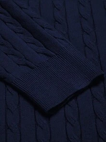 Women's Navy Blue Cable Knit Long Sleeve Pullover Sweater, Autumn/Winter Warm Lining Regular Fit Top - Navy Blue - View 7
