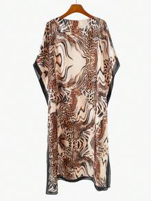 1pc Women's Personalized Tiger Print Faux Silk Pullover Robe Casual Beach Cover-Up For Spring/Summer Satin Shawl, Holiday - Multicolor - View 3