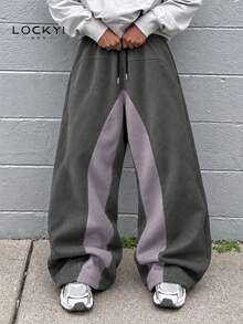 Men's Black & Grey Colorblock Wide Leg Sweatpants, Loose Streetwear Casual Long Pants - Grey - View 7