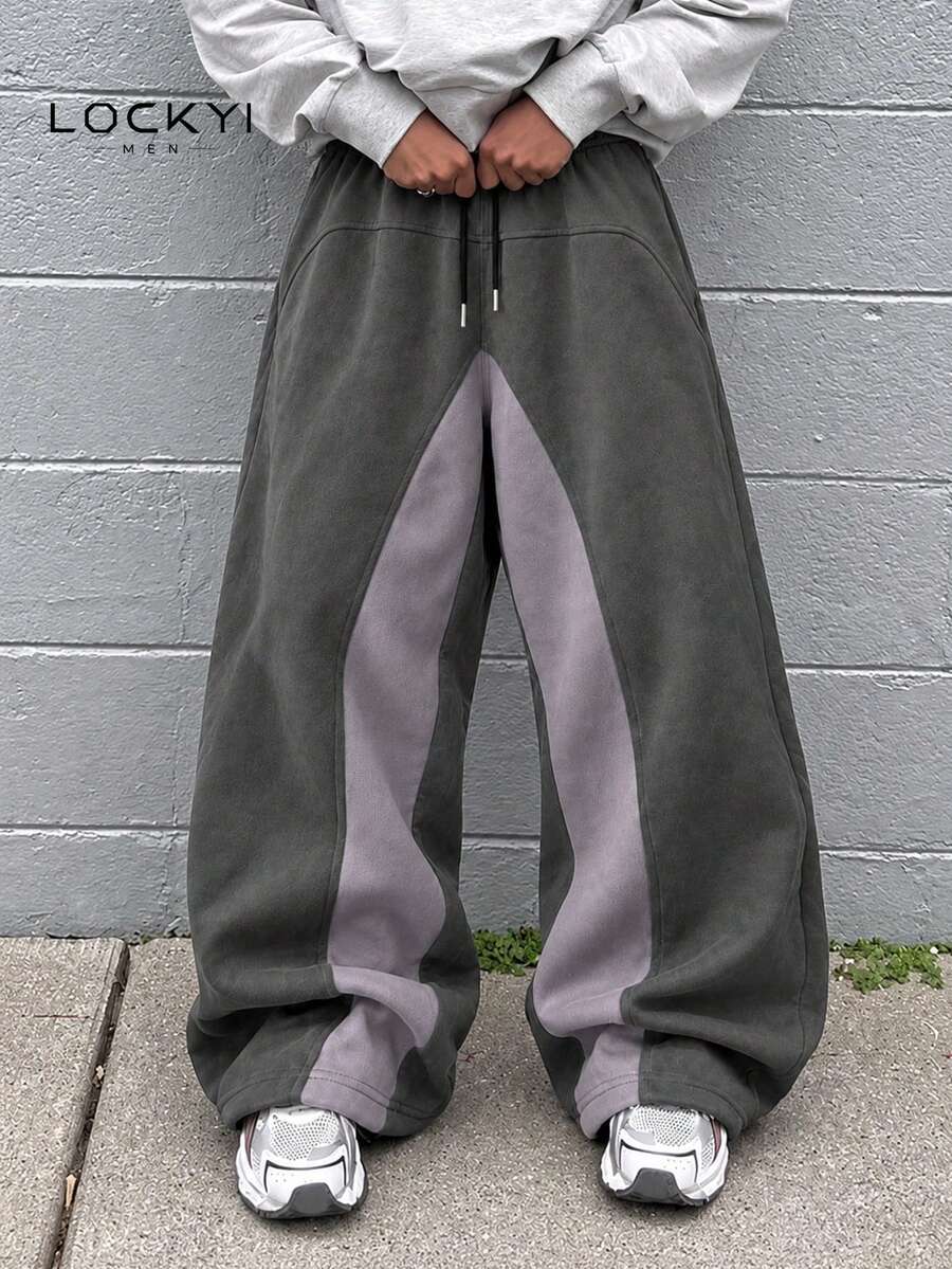 Men's Black & Grey Colorblock Wide Leg Sweatpants, Loose Streetwear Casual Long Pants - Grey - View 1