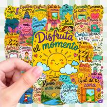 50Pcs Spanish Motivational Quote Stickers, Colorful Inspirational Positive Saying Decals, Aesthetic Waterproof Vinyl Stickers For Junk Journal, Scrapbook, Water Bottle, Laptop & DIY Craft Decor - Multicolor - View 12