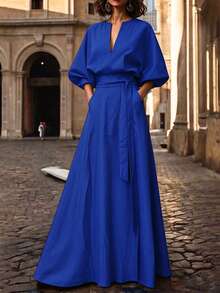 Solid Color Printed Belt Decor V-Neck Puff Sleeve A-Line Maxi Dress Summer Elegant - Blue - View 3