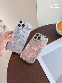 2件裝美學粉色蝴蝶字母圖案彩繪新時尚電鍍水滴波紋TPU防震手機殼，適用於Apple XS/XS Max/XR/11/12/13/14/14 Plus/15/15 Plus/16/16 Plus/7/8 Plus保護殼 - 彩色 - 查看 1