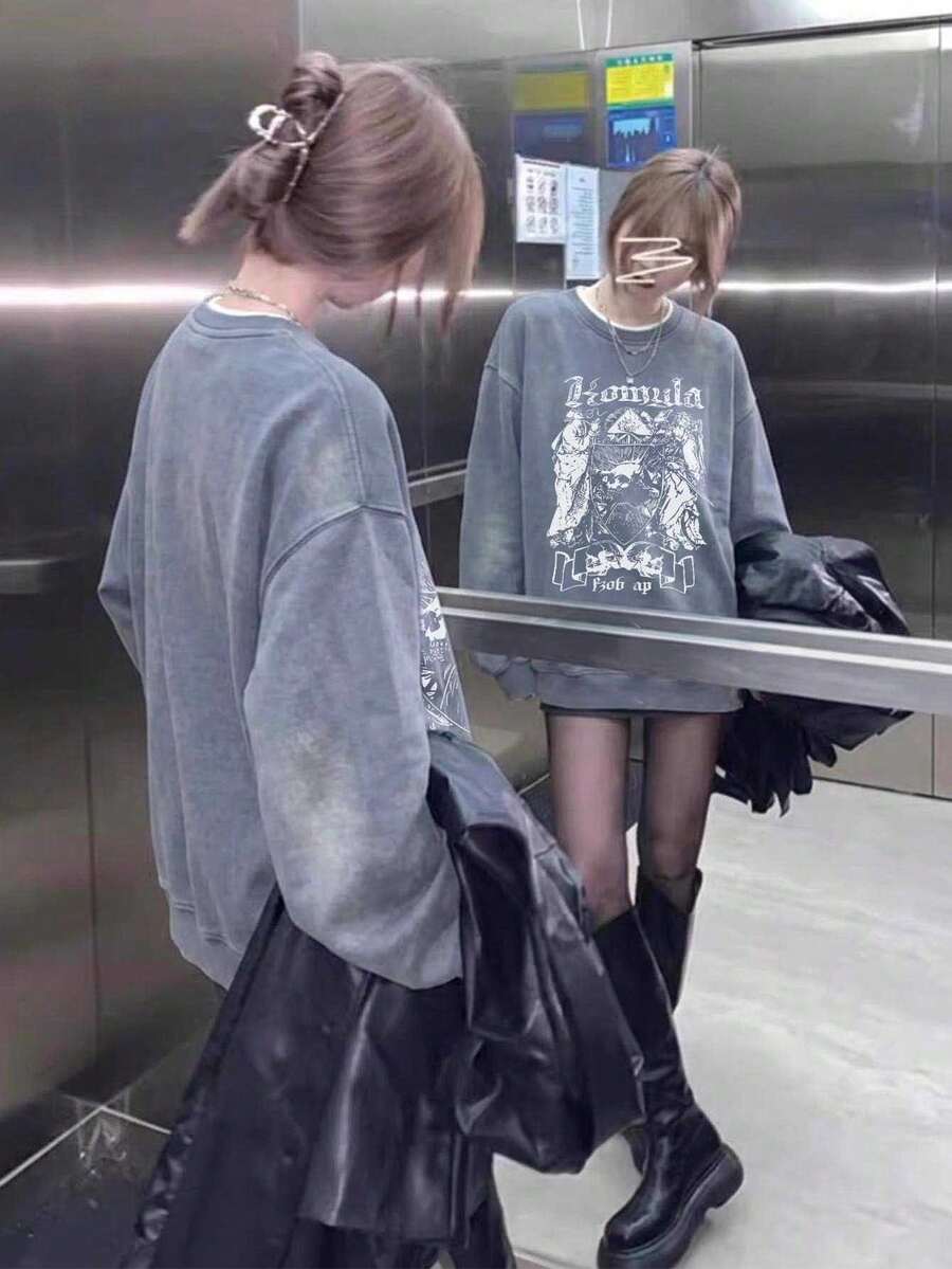 女款學生秋冬極簡經典復古美式風格純棉個性化水洗磨損Y2K撞色字母印花寬鬆休閒日常長袖開學季衛衣 - 藍色 - 查看 1