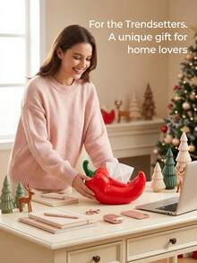 Christmas Chili Pepper Shaped Tissue Box, Adds Lively And Interesting Desktop Decor With 3D Curved Chili Pepper Design, Reduces Visual Clutter From Exposed Tissue Packaging, Conceals Tissue Box With Outer Shell And Maintains Easy Access Via Top Opening, Naturally Combines Daily Tissue Use With Fun Home Decor, Suitable For Living Room, Bedroom, Dining Room And Kitchen - Christmas Decorative Tissue Box - View 11