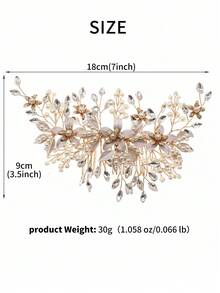 1pc Faux Pearl Rhinestone Flower Bridal Hair Comb, Elegant Crystal Leaf Wedding Hair Piece Accessories For Bride Bridesmaid Prom - Gold - View 8