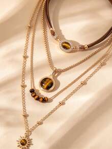 1 Set Vintage Multi-Layer Tiger Eye Stone Sun Pendant Necklace Set, Luxury Niche Accessory, Suitable For Friends, Sisters, Women, Best Choice For Daily Wear - Brown - View 5