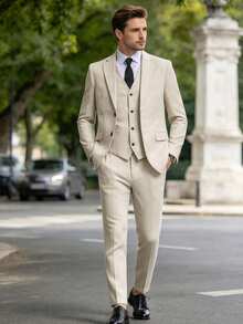 Men's Linen 3 Pieces Elegant Suit, Solid Color Slim Fit Business Single-Breasted Wedding Suit Jacket Vest Pants Set, Old Money Style Ball Party - Beige - View 1