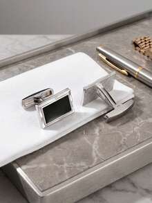 Men's Classic Black & Silver Rectangle Cufflinks Modern Business Formal Suit Shirt Cufflinks Gift For Him - Black - View 2