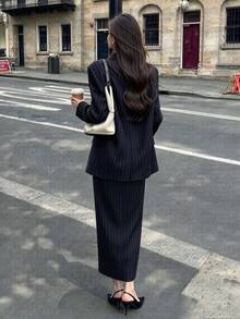 Navy Blue Vertical Striped Loose Blazer & Split Hem Pants Set, Vintage Elegant, Spring/Autumn, Office Commute, Graduation, Party Outfit - Navy Blue - View 2