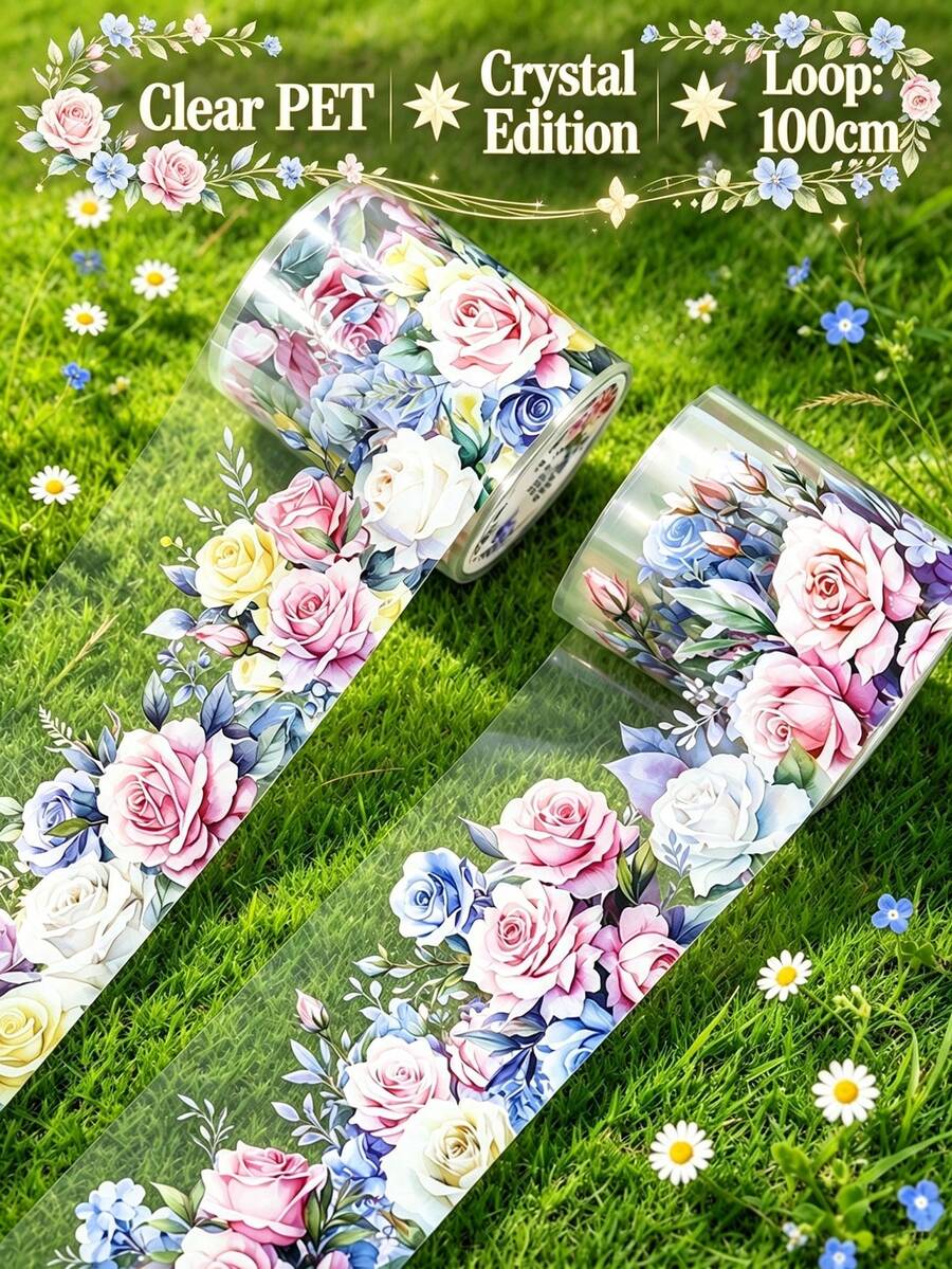 DANKUN 2M/Roll 100cm Romantic Floral Wide PET Tape Sticker Roll Crystal, 1200dpi High Definition Transparent Washi Tape, Suitable For Scrapbooking, Junk Journal, Planner, Stationery, DIY Handmade Decoration