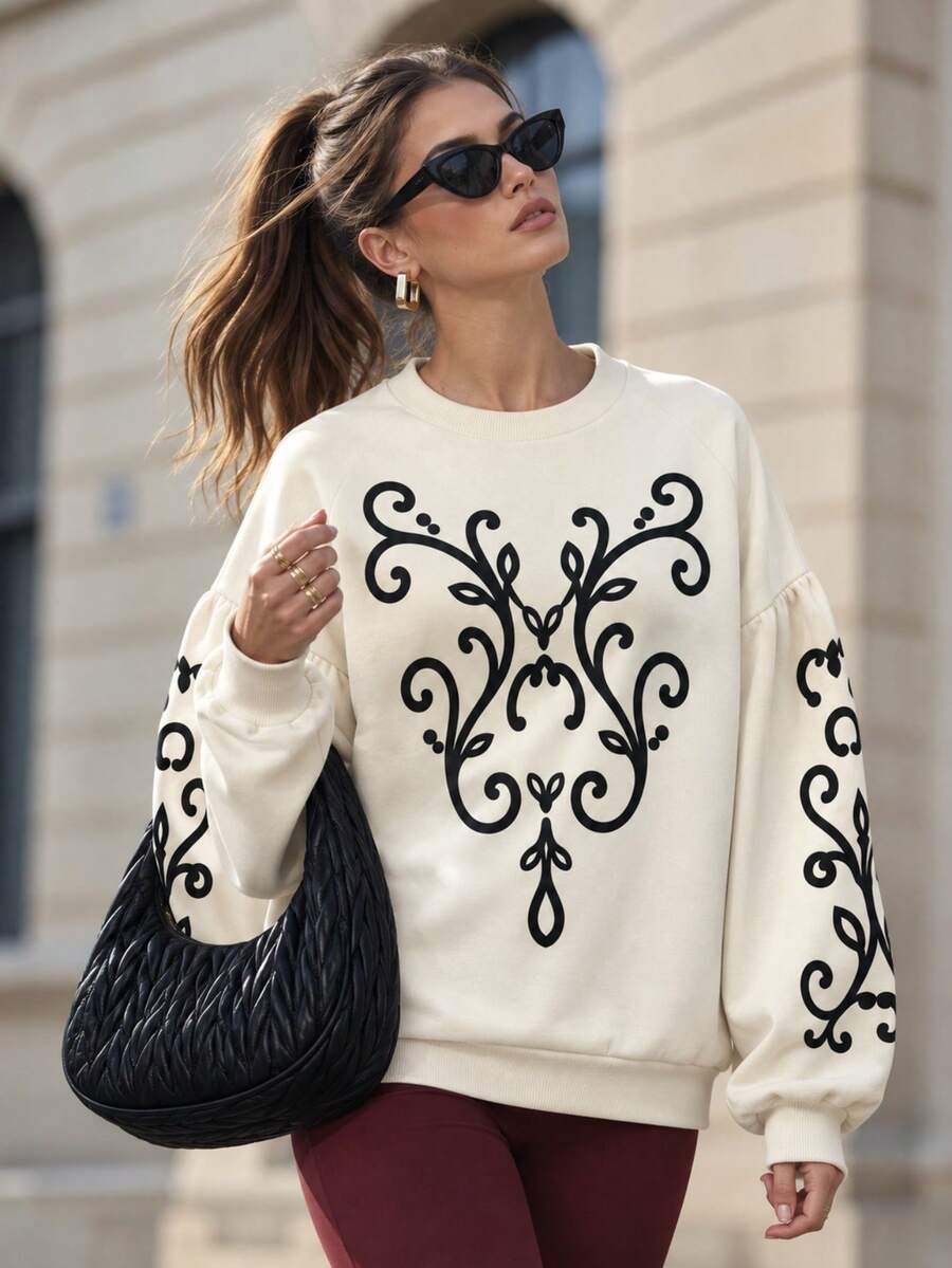 Zerodot Women Cream Graphic Printed Pullover Sweatshirt Casual Daily Fall Winter Pre Fall - Apricot - View 1