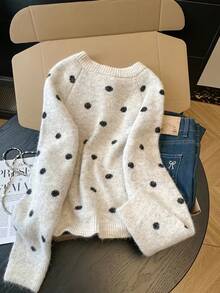 Plus Size Women's Autumn/Winter Vintage Fashion Polka Dot Single-Breasted Cardigan Sweater - Multicolor - View 2