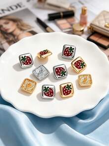 10pcs Square Enamel Strawberry Metal Hand Sew Buttons, Cute Fruit Decorative Sewing Buttons For Shirt Cardigan Dress Garment DIY Accessories - Multicolor - View 7