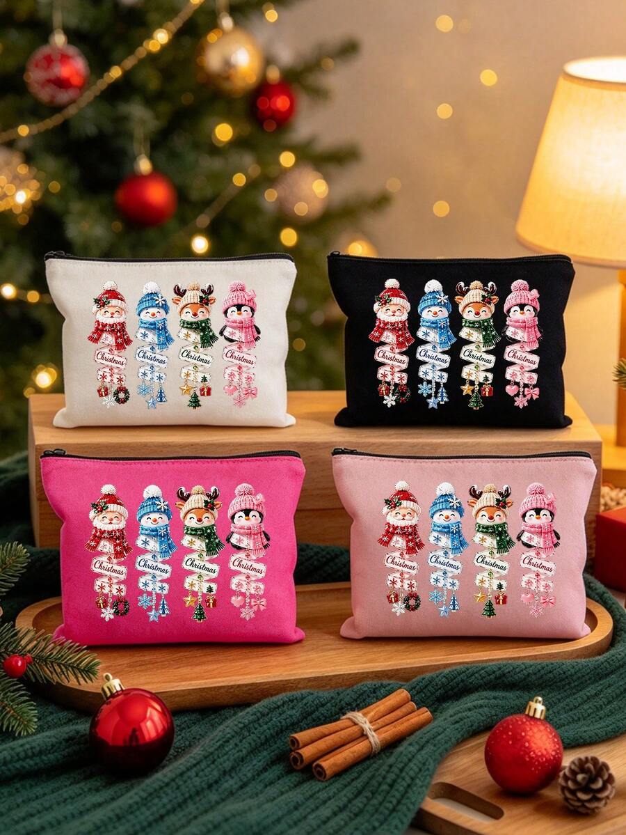 Christmas Print Makeup Bag,Santa Snowman Reindeer Penguin Pattern Cosmetic Bag,Zipper Makeup Pouch Travel Toiletry Bag,For Christmas Birthday Gifts - Multicolor - View 1