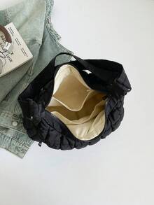 Fully Quilted Ruched Shoulder Bag, Adjustable Wide Strap, Front Zipper Compartment, Zipper Closure, Large Capacity For Books, Water Bottles And Other Personal Items, Minimalist Soft Style, Suitable For Commuting, Travel And Daily Occasions - Black - View 4
