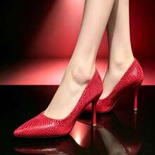 Women's Pointed Toe Stiletto High Heel Pumps, Textured Upper, Elegant High Heel Shoes For Daily Commute, Party, Formal Wear, Minimalist Graceful Pumps - Red - View 9