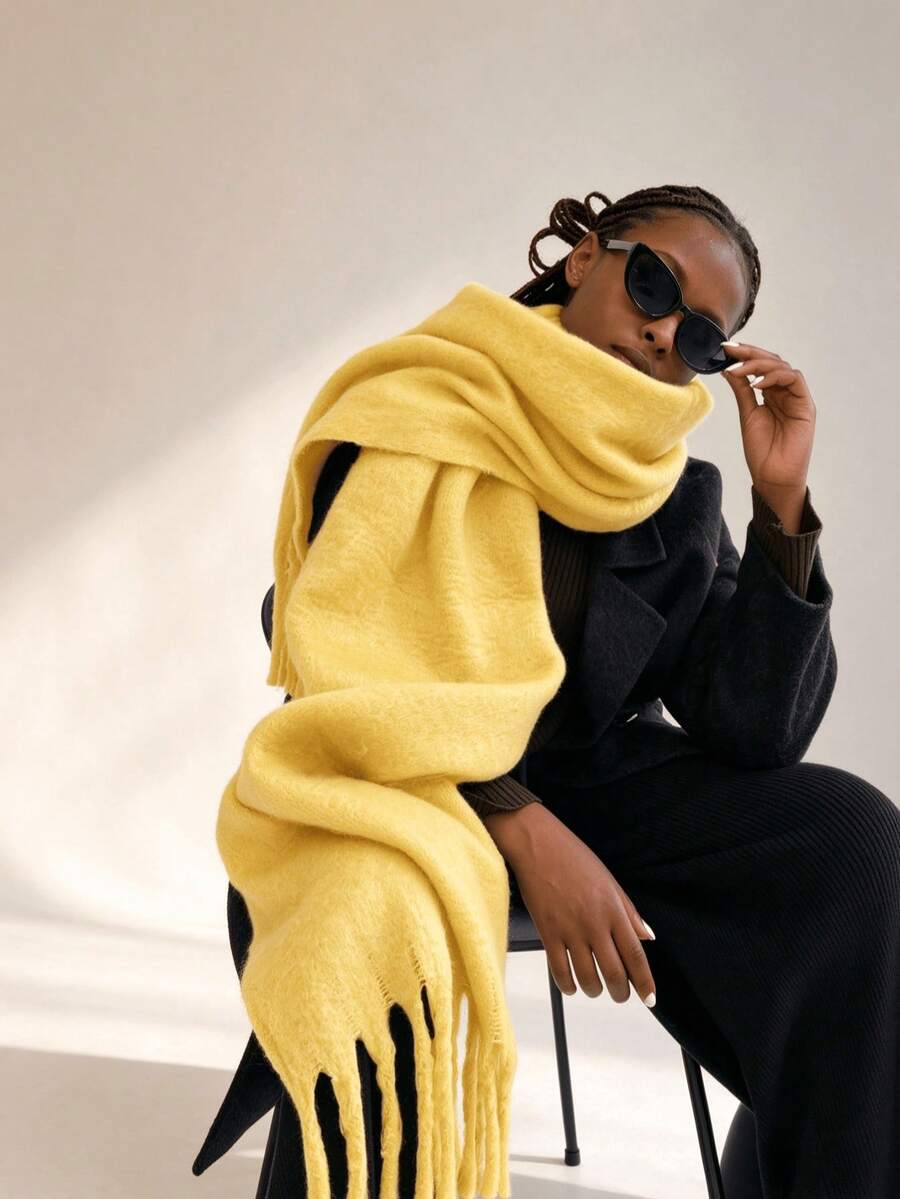1 High-Quality Women's Wool Plush Long Winter Scarf, Warm For Neck Protection, Ponchos For Women, Oversized Warm Blanket-Style With Tassels