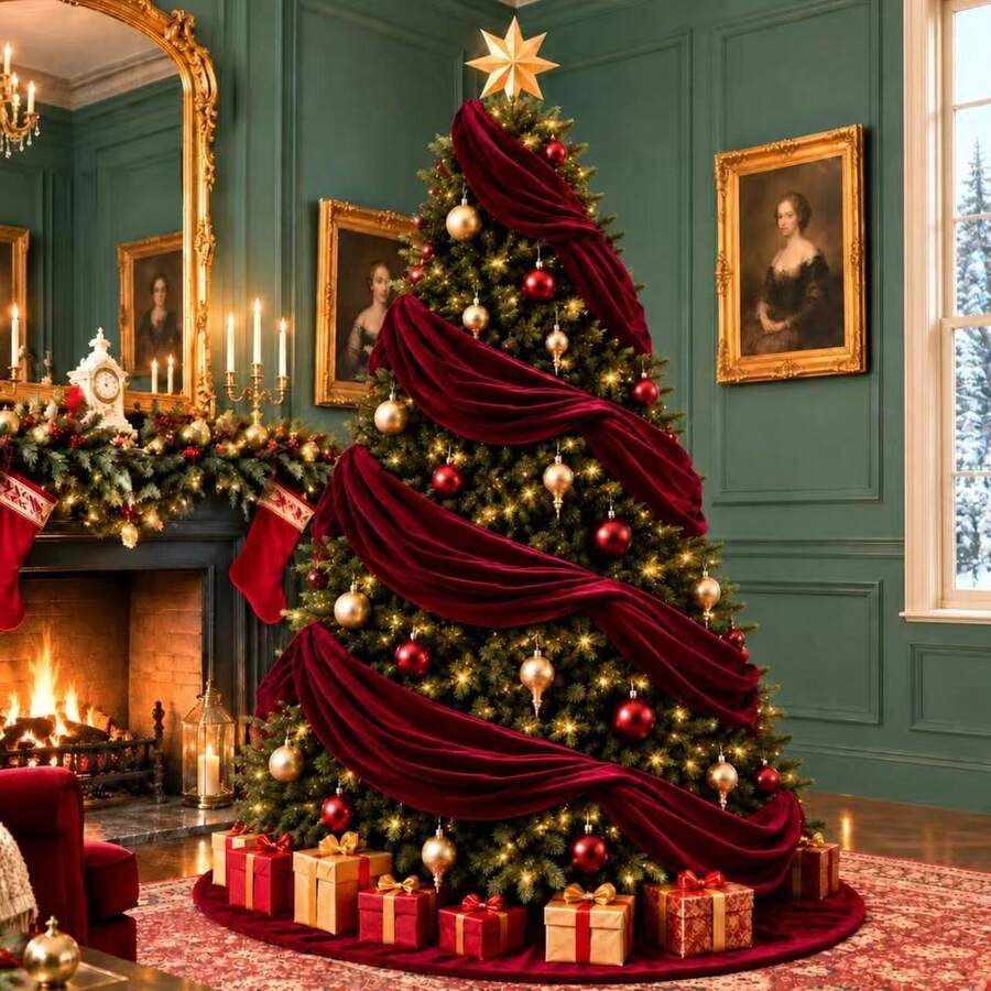 1pc, Red, Green. High-Quality Velvet Christmas Decorative Table Runner, 50*500cm Christmas Tree Decorative Cloth, Fireplace Decorative Backdrop, Stair Railing Decoration, Christmas Home Decor - Multicolor - View 1