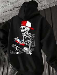 Men's Halloween Casual Comfortable Hoodie, Gaming Skeleton Player Print Loose Streetwear Pullover - Black - View 1