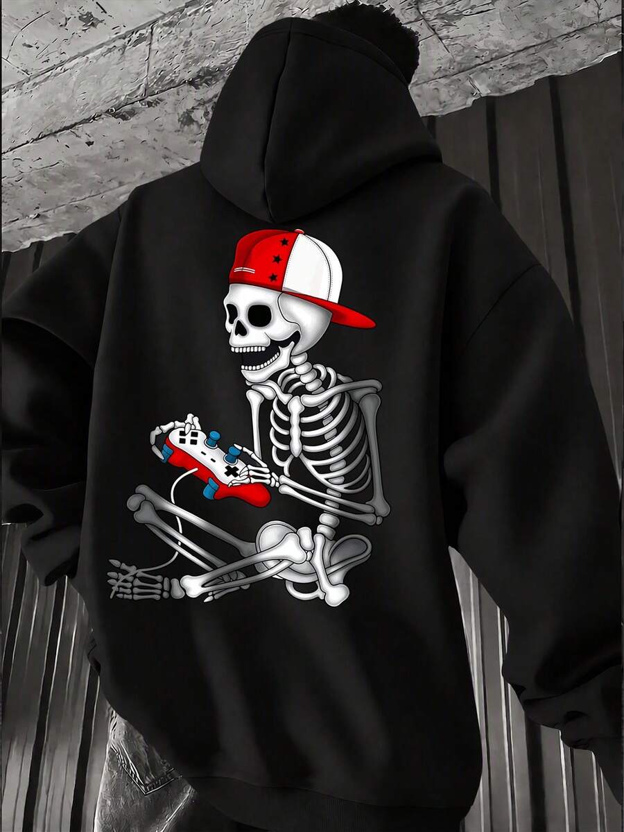 Men's Halloween Casual Comfortable Hoodie, Gaming Skeleton Player Print Loose Streetwear Pullover - Black - View 1