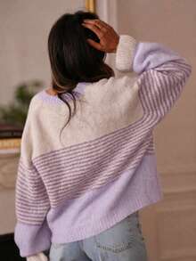 Women's Plus Size Striped Knit Button-Front Cardigan Sweater, Long Sleeve Top With Frill Trim, Elegant Casual For Vacation And Daily Wear, Spring/Autumn/Winter - Mauve Purple - View 6