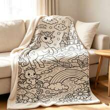 1PC Black White Line Art Unicorn Castle Flannel Throw Blanket, Doodle Pattern Blanket For Bedroom Sofa Home Decor - Multicolor - View 4