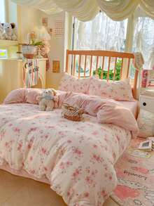 浪漫水彩粉色花卉床上用品套裝（1件被套+1件床單+2件枕套，不含填充物）拉鍊設計，100%親膚聚酯纖維，浪漫臥室裝飾，適合情人節與日常使用，四季適用，可機洗 - 粉色 - 查看 5