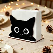 1pc Black Cat Peeking Wooden Napkin Holder, Cute Cartoon Kitten Paper Towel Dispenser, Kitchen Dining Table Desktop Napkin Storage Box, Tabletop Napkin Rack Decor - Multicolor - View 4