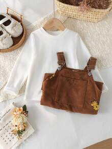 2pcs Girls Toddler Pastoral Mori Style Solid Color Round Neck Versatile Long Sleeve Top With Floral Embroidered Corduroy Adjustable Overall Dress Set, Spring/Autumn - Brown - View 1