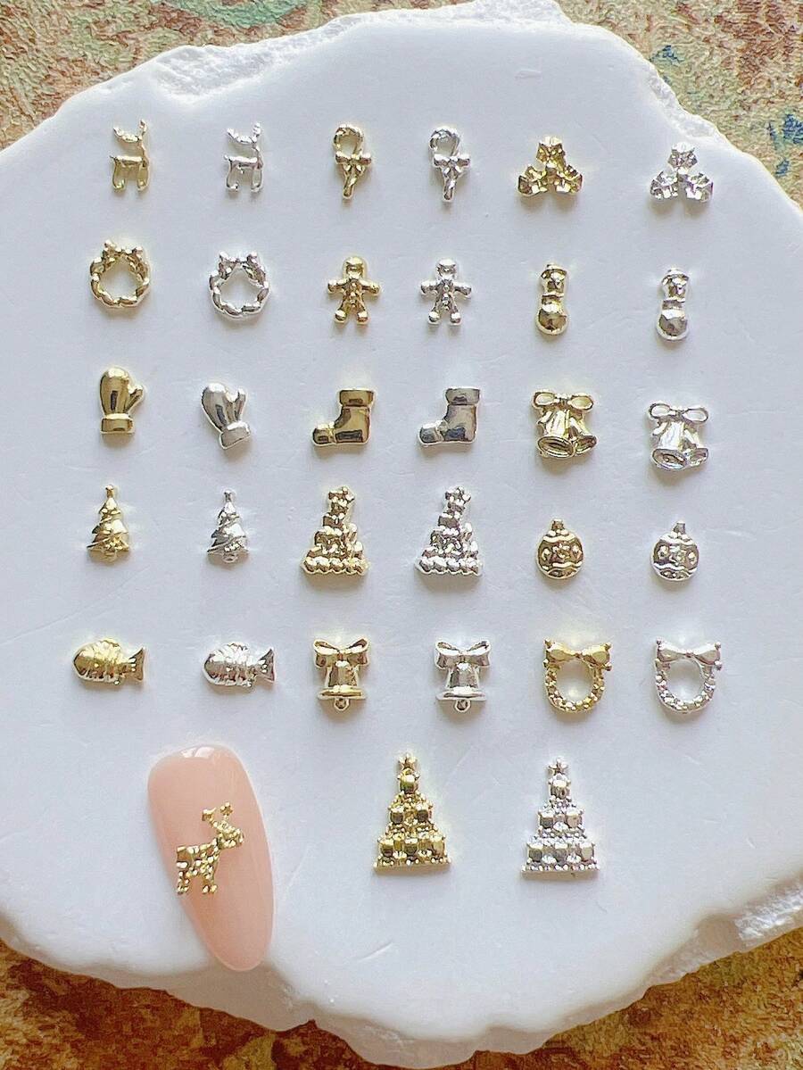 1 gói phụ kiện trang trí nail nghệ thuật mùa đông Giáng Sinh, cây thông, vòng hoa, tuần lộc, chuông, charm nail 3D bằng hợp kim kim loại - Nhiều màu - Xem 1