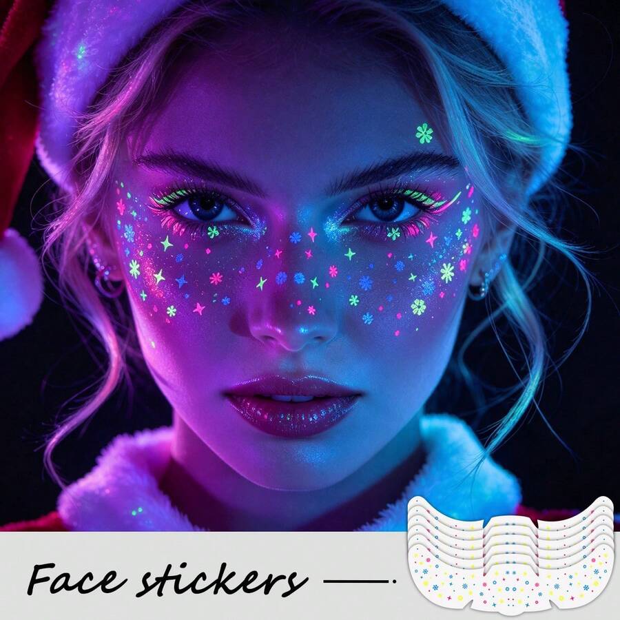 6 Buah Stiker Wajah Berbintik-bintik Bercahaya UV dalam Gelap untuk Natal, Tato Wajah Sementara Bintang dan Kepingan Salju Berwarna-warni Fluorescent, Stiker Rias Wajah Neon Tahan Air untuk Pesta Natal, Rave, dan Festival Liburan