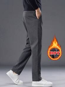 Men's Elastic Waist Slanted Pocket Thermal Lined Warm Casual Long Pants, Autumn/Winter - Dark Grey - View 5