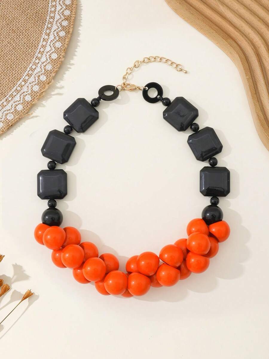 1pc Fashionable Vintage Colorful Cute Beaded Necklace Women's Jewelry - Orange - View 1