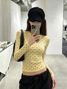 Women's Round Neck Long Sleeve T-Shirt, Spring/Autumn New Fashion Polka Dot Pattern Design, Pure Desire Hot Girl Style, Casual Versatile Slim Fit Cropped Top, Suitable For Daily Wear - Yellow - View 6