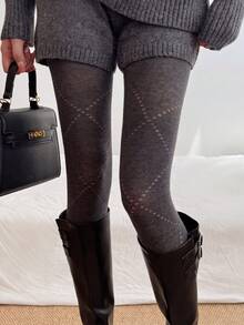 1 Pair Women 103G Fleece-Free Tights, High Waist Cross Pattern Stirrup Pantyhose, Autumn Winter Thin Breathable Textured Leggings - Dark Grey - View 1