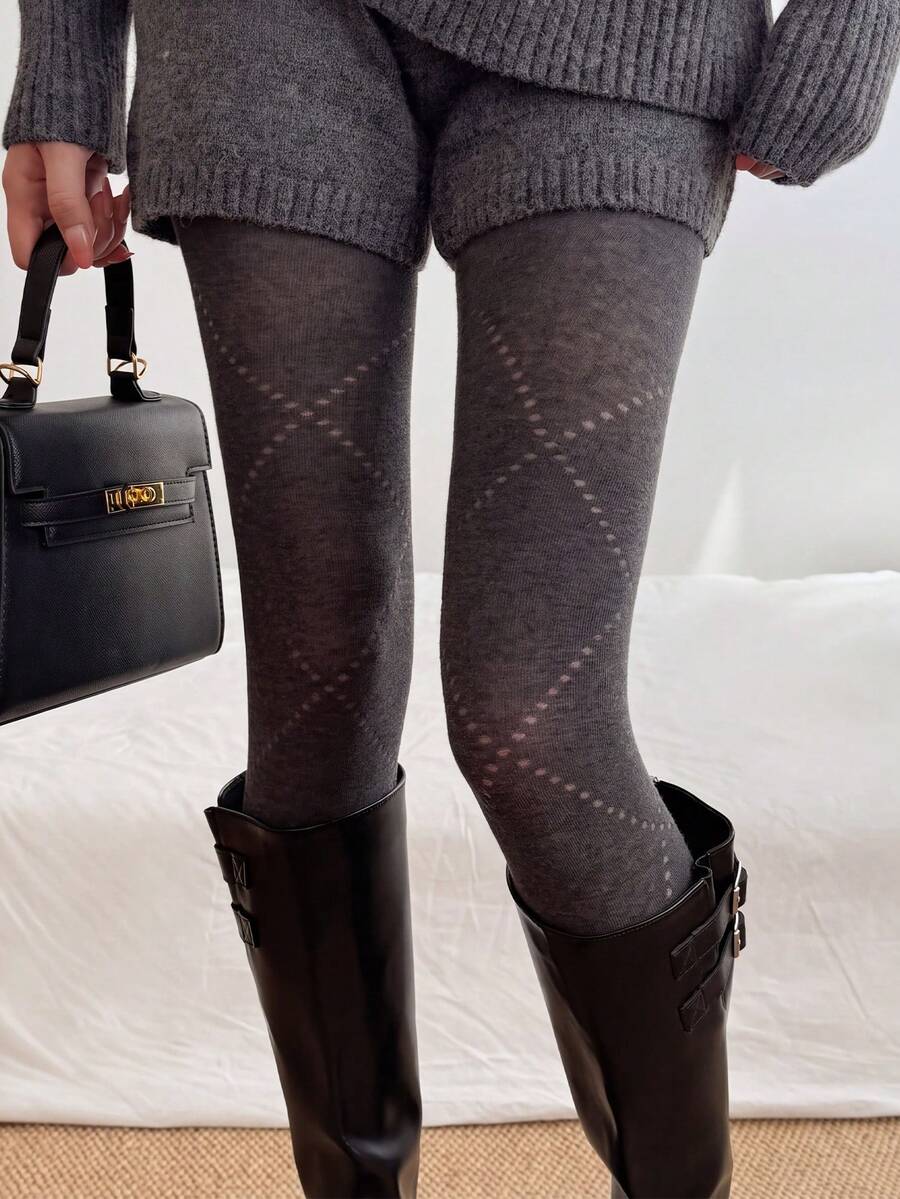 1 Pair Women 103G Fleece-Free Tights, High Waist Cross Pattern Stirrup Pantyhose, Autumn Winter Thin Breathable Textured Leggings - Dark Grey - View 1