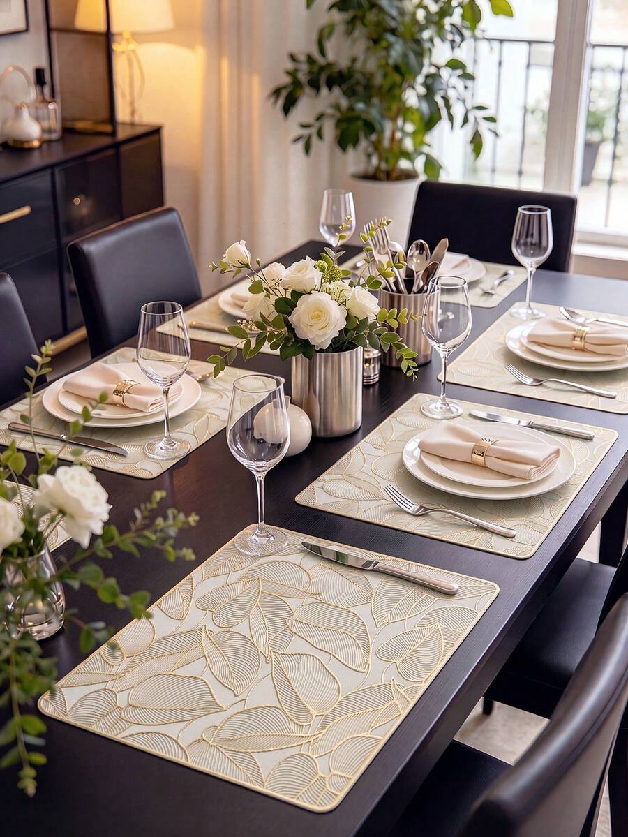 2-12pcs Gold Green Leaf Placemats, PVC Material Minimalist Style Foil Stamping Craft Vase Mat, Table Decor, Washable, Easy To Clean, Wipeable, Non-Slip, Heat Resistant, Table Mat, Suitable For Room Decoration, Home Table Decoration, Home Decor, Holiday, Party, Birthday, Wedding And Dinner - Multicolor - View 1