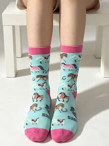 1 Pair Cartoon Pony Pattern Mid-Calf Cotton Socks With Contrast Toe And Cuff, Personalized Fun Style Women's Socks - Multicolor - View 5