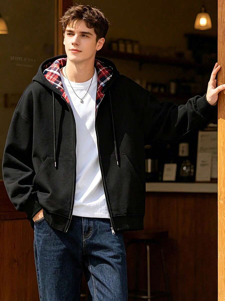 Men's Autumn/Winter Hooded Sweatshirt, Outdoor Fashion Casual Kangaroo Pocket Jacket Top - Black - View 1