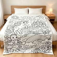 1PC Black White Line Art Unicorn Castle Flannel Throw Blanket, Doodle Pattern Blanket For Bedroom Sofa Home Decor - Multicolor - View 6
